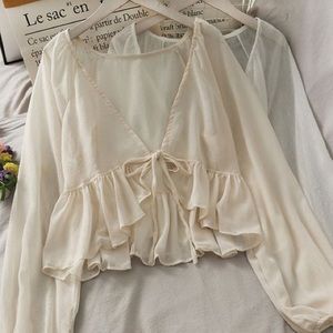 Tie-Waist Balloon-Sleeve Chiffon Cardigan